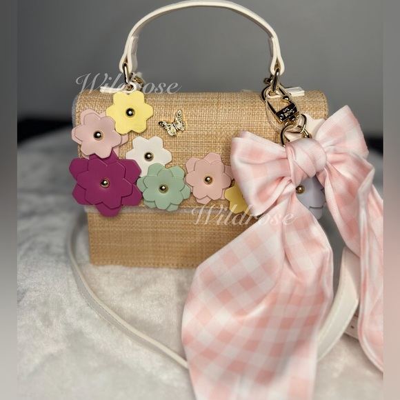 Betsey Johnson spring Floral flowers butterfly pink gingham bow satchel bag - Picture 6 of 11